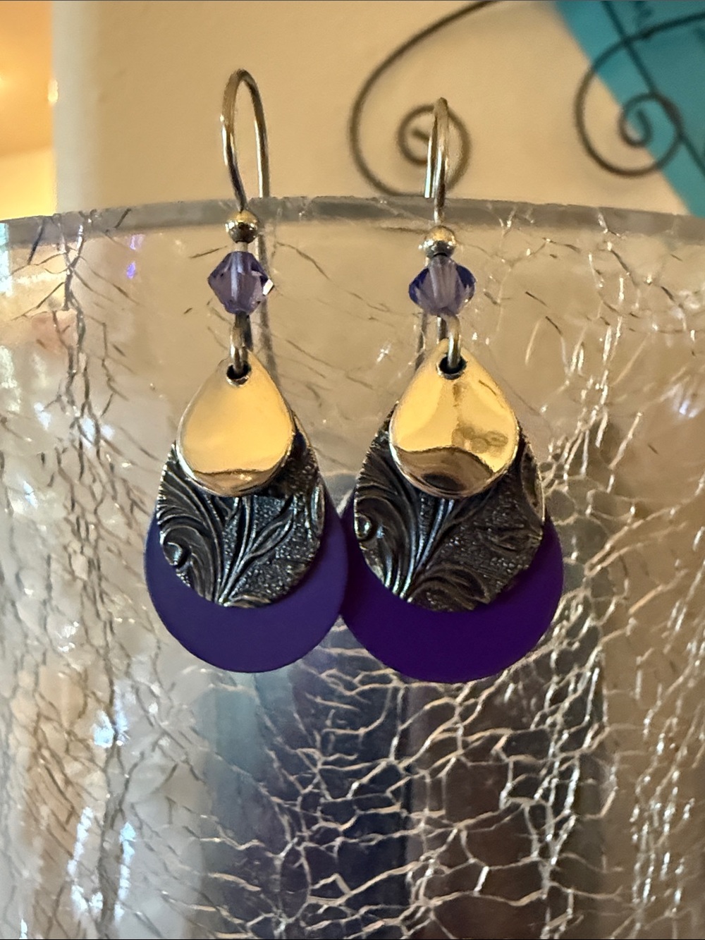 Purple Drop Earrings with Silver Accents - Women Jewelry